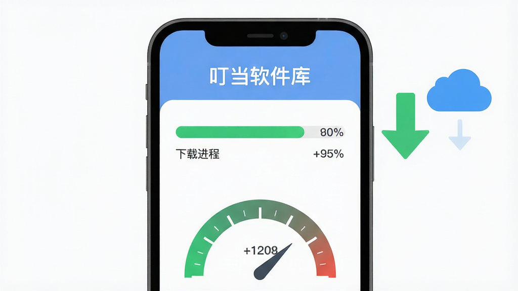 主体为手机屏幕上的下载进度条与速度仪表盘,屏幕上方标注“叮当软件库”名称,布局为手机居中、右侧悬浮下载箭头与云朵图标,排版简洁对称,风格为扁平化UI插画,细节包括绿色进度条、百分比数字、速度数值,画质高清,画面干净,无多余元素