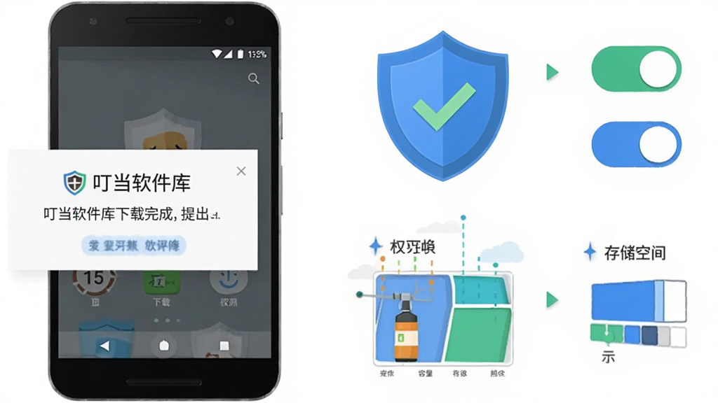 主体为一部安卓手机显示“叮当软件库”下载完成提示弹窗,旁边放置盾牌安全图标与存储空间示意图,布局为手机居中偏左、右侧竖排权限开关与存储条,排版左右对照,风格为扁平化信息图,细节包括绿色对勾、蓝色权限开关、容量进度条,画质高清,画面干净,无多余元素
