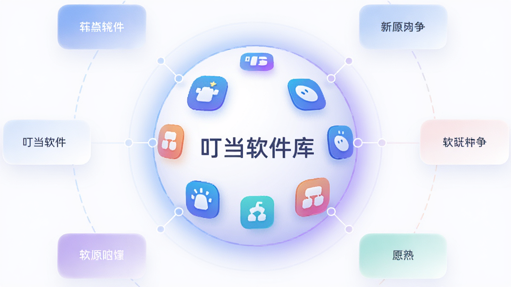 主体为一个悬浮在浅色背景上的圆形资源聚合球体,球体表面分布着“叮当软件库”字样与多个应用图标,布局为球体居中、四周环绕分类标签卡片,排版呈放射状,风格为现代简约科技插画,细节包括蓝紫渐变光晕、细线连接、圆角图标,画质高清,画面干净,无多余元素