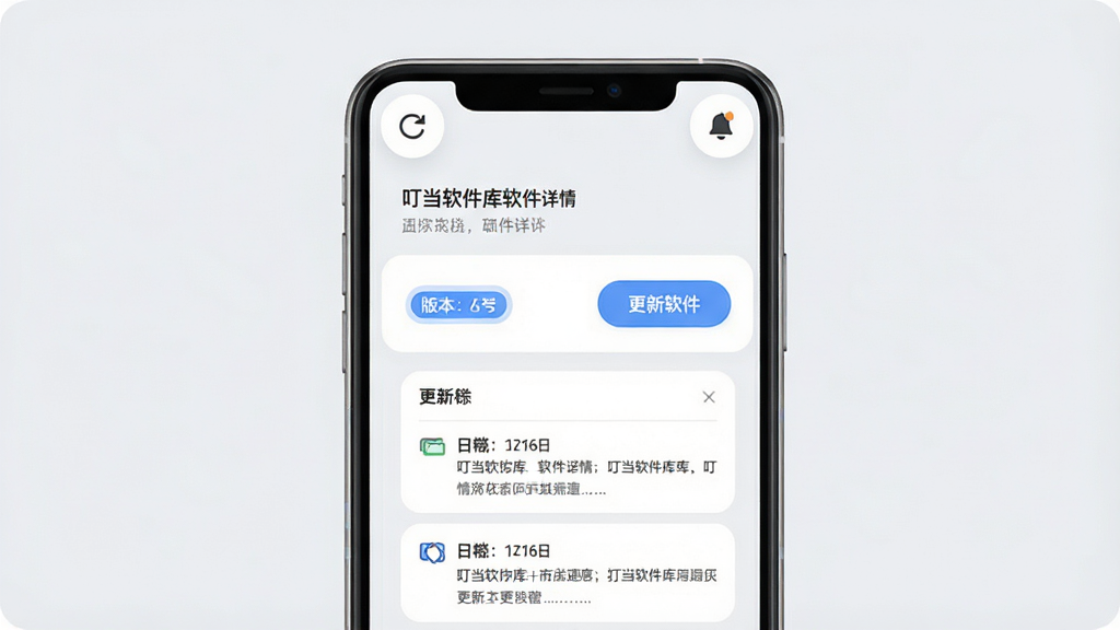 主体为一部手机显示“叮当软件库”的软件详情页,页面上有版本号标签与更新日志列表,布局为手机居中、上方悬浮刷新图标与铃铛提醒图标,排版上下结构,风格为清新浅色扁平风,细节包括浅灰背景、蓝色按钮、圆角卡片,画质高清,画面干净,无多余元素