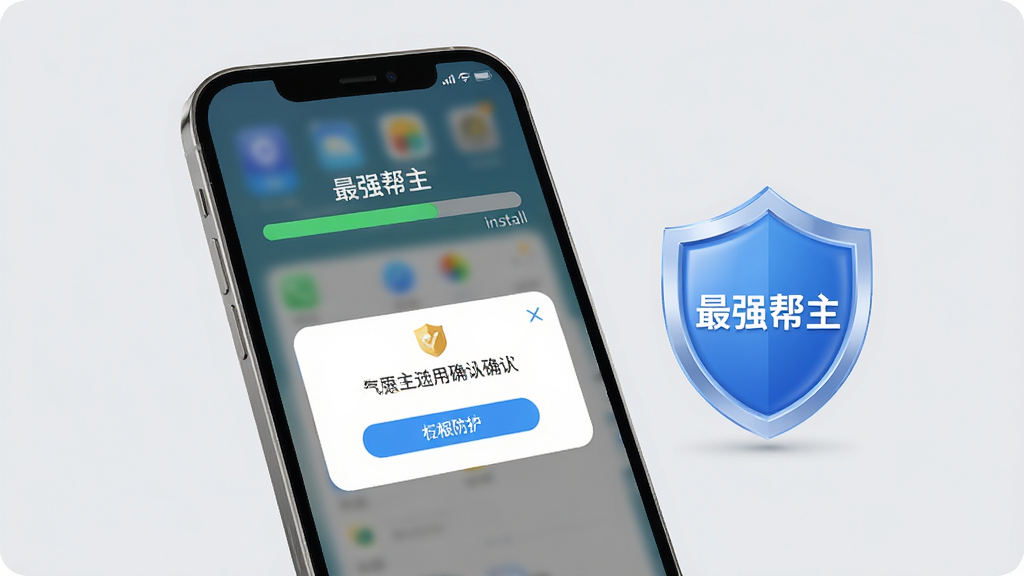 一张展示手机安装应用过程的示意图,画面为手机屏幕显示安装进度条与权限确认弹窗,旁边配有盾牌图标象征安全防护,背景为浅灰色简洁风格,画面中可出现“最强帮主”文字,整体干净清晰,无多余装饰,画质高清