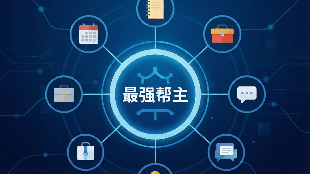 一个扁平化风格的信息整合中心概念图,画面主体为一个发光的圆形枢纽连接着多个功能模块图标,如日历、记事本、工具箱、消息气泡等,图标以环形排列围绕中心,背景为深蓝色科技感渐变,线条简洁流畅,画面中央可标注文字“最强帮主”,整体风格现代、干净、无多余装饰元素,画质高清