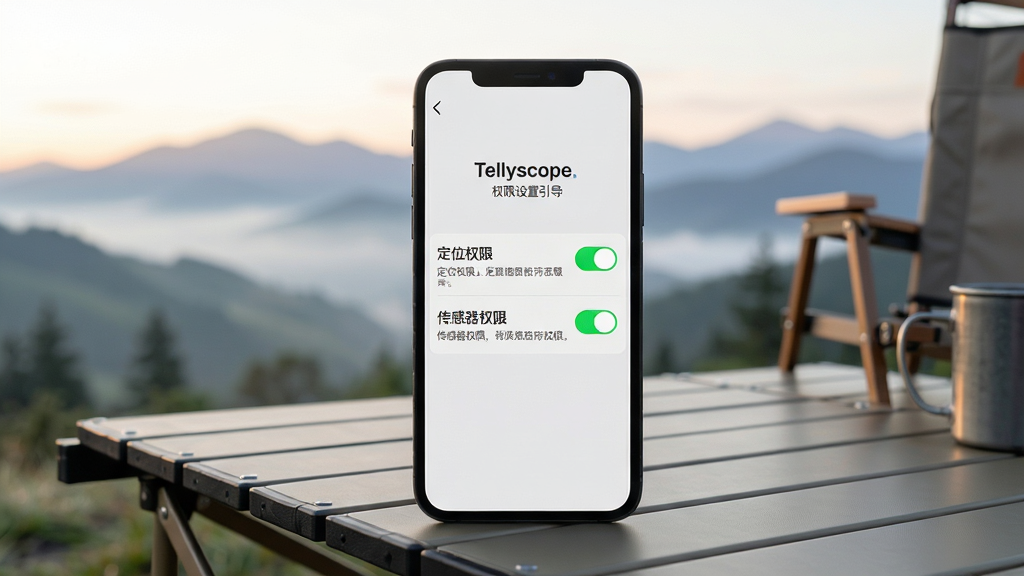 手机屏幕显示 Tellyscope 的权限设置引导页,页面上有“定位权限”“传感器权限”两个开关项与说明文字;手机放在户外折叠桌上,背景为清晨山景;布局为手机正面居中;风格为写实清新;细节包括开关为绿色高亮、文字清晰;画质高清,干净,无多余元素