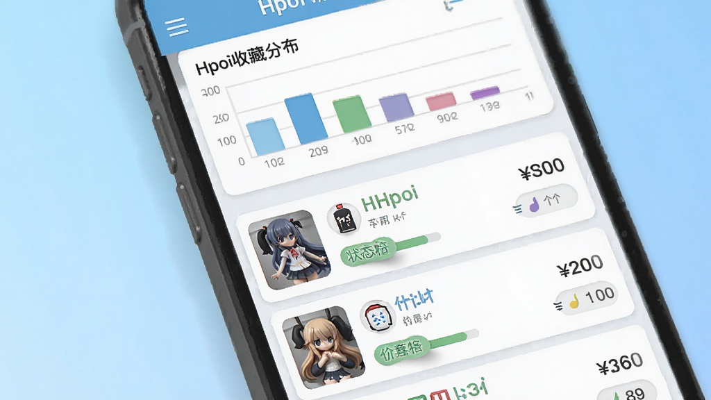 一张展示Hpoi收藏管理界面的生图,画面为手机屏幕特写,屏幕内显示收藏列表与状态标签,列表项带有手办小图和价格信息,屏幕上方有统计图表展示收藏数量分布,背景为浅蓝色渐变,风格为清新扁平化UI插画,细节包括图标阴影与进度条,画质干净高清,画面中包含“Hpoi”文字标识