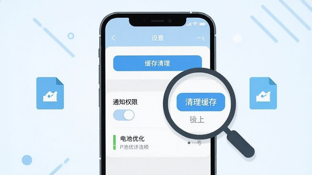 画面主体为一部手机屏幕展示应用设置界面,界面中包含缓存清理按钮、通知权限开关与电池优化选项,屏幕旁配有一个放大镜图标聚焦于“清理缓存”按钮;整体布局为手机居中、图标点缀两侧,风格为清爽扁平化设计,配色以浅蓝白为主,细节干净,画质清晰,无多余装饰