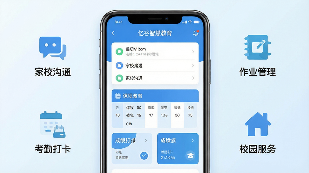 画面主体为一部竖屏智能手机居中摆放,屏幕内呈现简洁的蓝色调教育类应用界面,包含通知列表、课程表与成绩卡片等模块,界面文字清晰标注“亿谷智慧教育”;手机两侧以扁平化图标环绕布局,分别代表家校沟通、作业管理、考勤打卡与校园服务;整体采用清新浅蓝与白色搭配的现代扁平风格,细节干净利落,背景为柔和渐变浅色,画质清晰锐利,无多余装饰元素