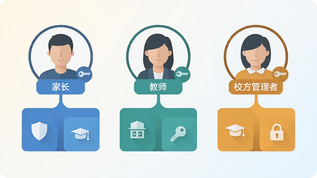 画面主体为三个并列的用户头像图标,分别标注家长、教师与校方管理者角色标签,每个头像下方连接不同颜色的功能面板示意块;整体布局横向排列,风格为简约商务扁平化,背景为浅色渐变,细节处加入盾牌与钥匙小图标体现权限管理概念,画质清晰干净,无多余元素