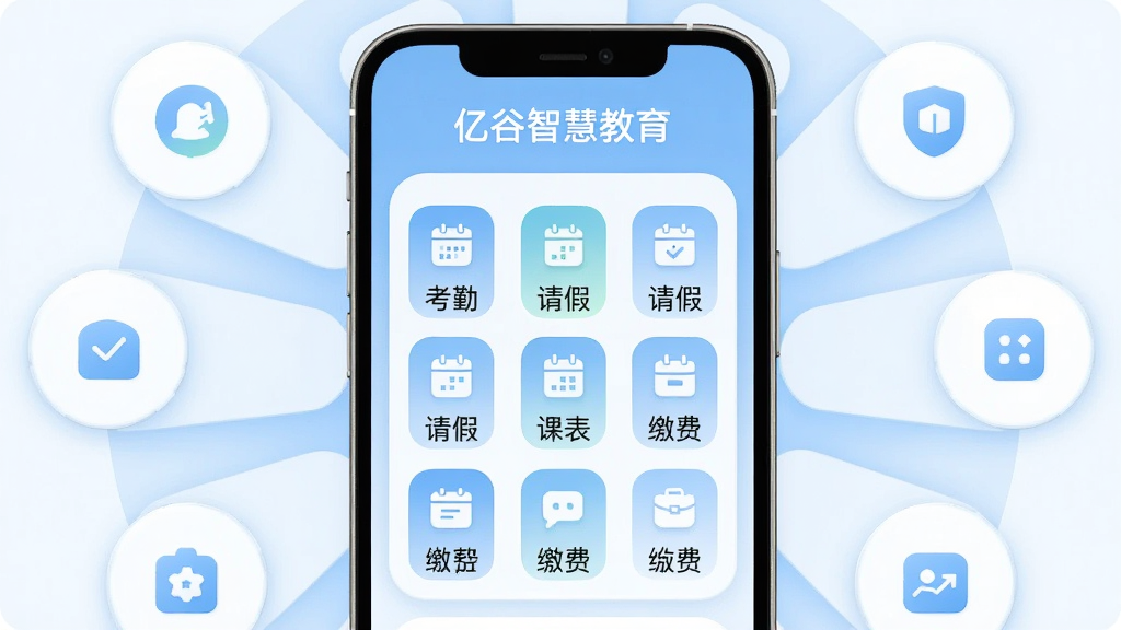 画面中心为一部手机屏幕,屏幕内以九宫格图标形式排列考勤、请假、课表、缴费等服务入口,顶部标注“亿谷智慧教育”应用名称;手机周围以圆形图标向外辐射布局,代表各项校园服务功能;整体采用柔和圆角卡片风格,配色以浅蓝与白色为主,画质清晰干净,无多余装饰