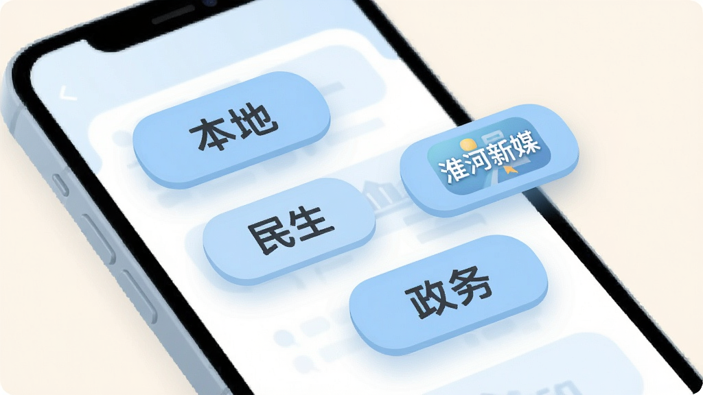 画面主体为手机界面与悬浮的频道标签按钮组合,标签上分别写有“本地”“民生”“政务”等字样,旁边配有“淮河新媒”应用图标;整体为柔和圆角扁平风格,浅蓝配色,布局错落有致,细节清爽,画质干净,背景为纯浅色无多余元素