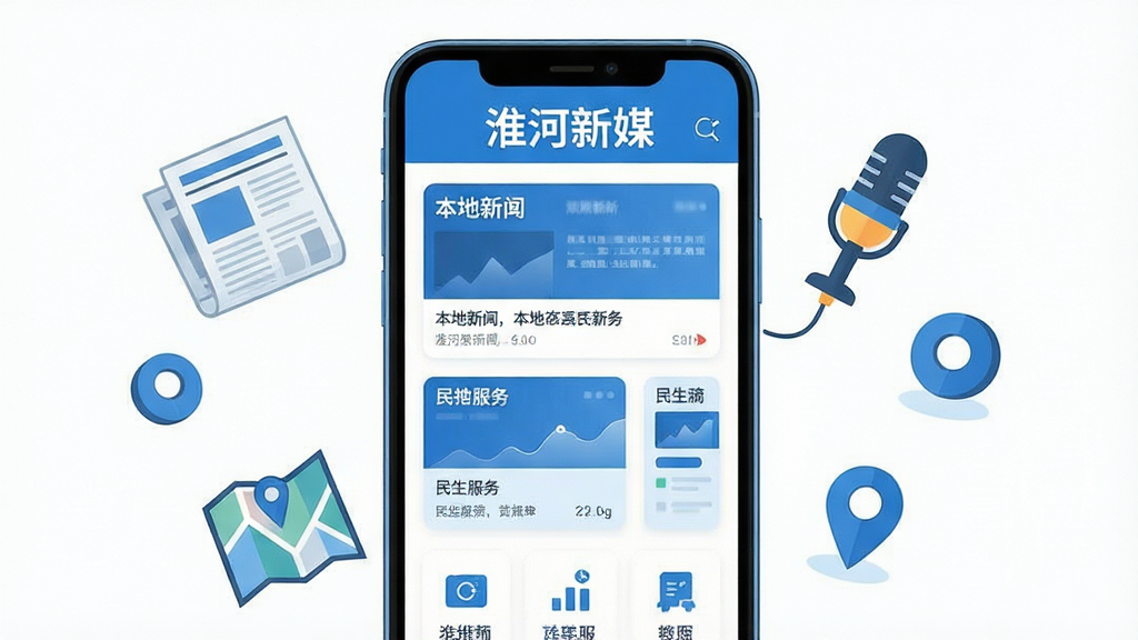 画面主体为一部竖屏智能手机,屏幕中央展示资讯类应用首页界面,顶部有“淮河新媒”字样,页面排列本地新闻卡片与民生服务入口;手机左右两侧漂浮报纸、话筒、地图定位图标等元素;整体采用蓝白清爽配色,扁平化插画风格,布局居中对称,细节干净利落,画质清晰,背景纯色无多余装饰