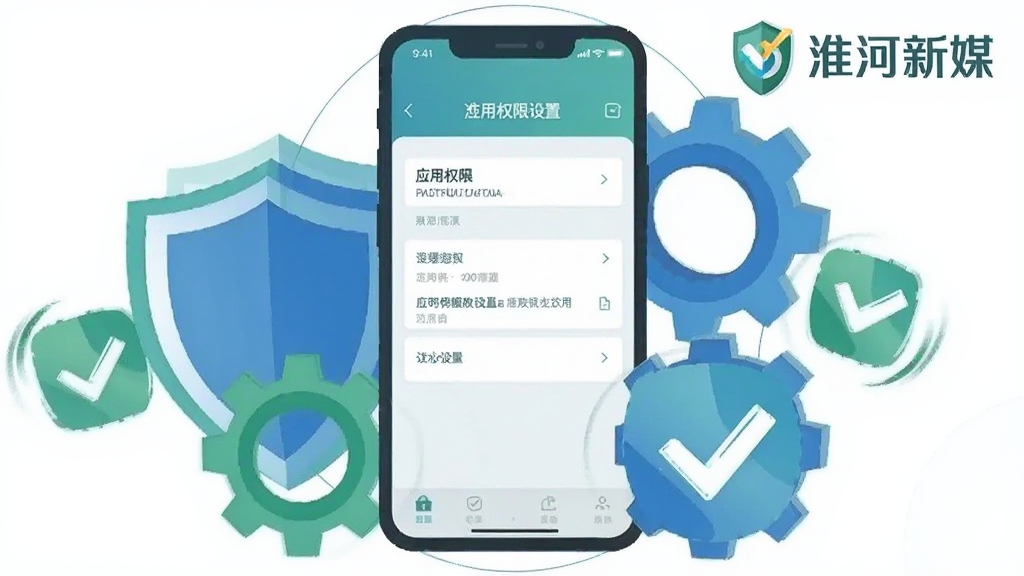 画面主体为一部手机与环绕的盾牌、齿轮、勾选图标组合,手机屏幕显示应用权限设置界面,旁边有“淮河新媒”标识;整体为扁平安全主题插画风格,蓝绿配色,布局环绕式构图,细节清晰,画质干净,背景纯色无多余元素