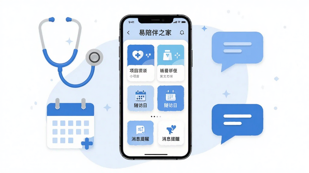 画面主体为一部竖屏智能手机,屏幕中央展示“易陪伴之家”应用主界面,界面包含项目卡片、随访日历和消息提醒图标,手机周围环绕简洁的医疗健康元素如听诊器、日历和对话气泡,布局采用居中对称构图,排版清爽留白充足,风格为现代扁平化插画,细节上突出蓝色与白色主色调,画质高清干净无多余元素