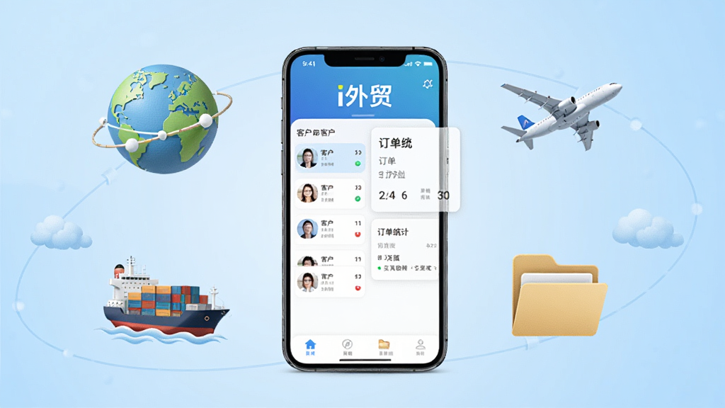 画面中央放置一部智能手机,手机屏幕上显示“i外贸”应用主界面,界面包含客户列表与订单统计卡片,手机周围环绕地球、货轮、飞机与文件夹图标,背景为浅蓝色渐变商务风格,布局采用居中构图,排版干净利落,细节精致,画质清晰,无多余元素