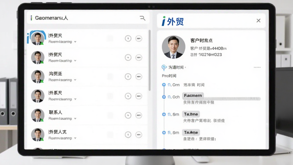 画面展示一个数字化客户档案界面,左侧为联系人列表,右侧为详细信息面板,面板中包含“i外贸”标识与客户头像、沟通时间线,背景为白色与浅灰色搭配的办公场景,布局左右分栏,风格简洁商务,细节清晰,画质干净,无多余元素