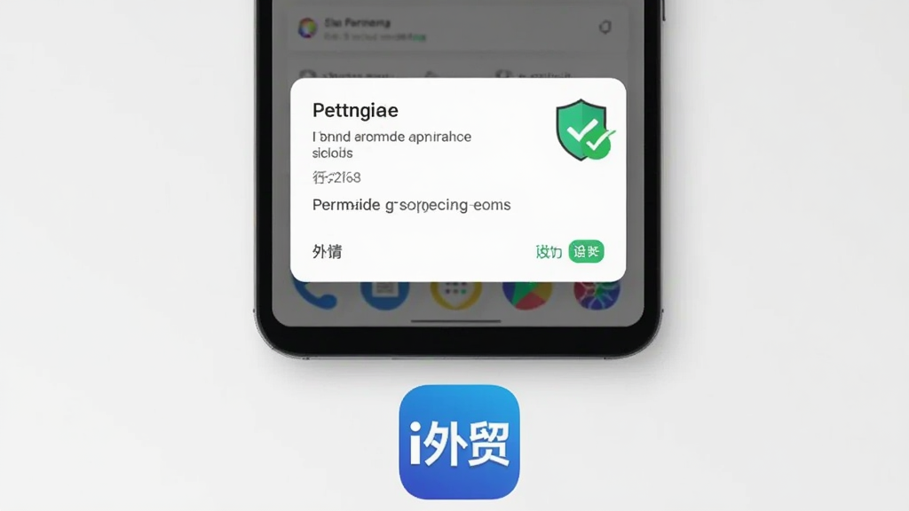 画面展示一部安卓手机屏幕弹出权限设置对话框,对话框旁有盾牌与勾选图标,手机下方放置“i外贸”应用图标,背景为浅灰色简洁风格,布局居中,细节清晰,画质干净,无多余元素
