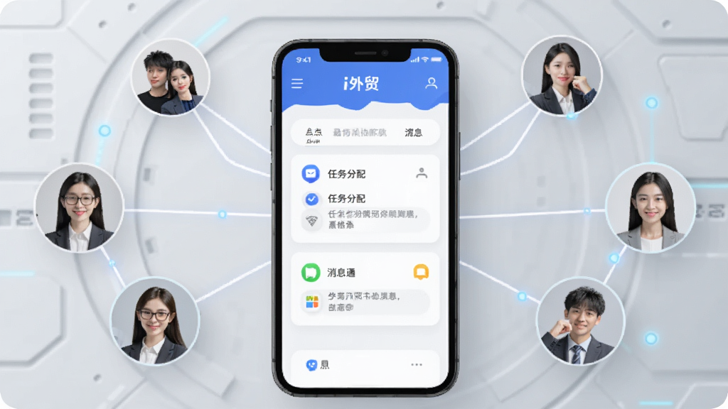 画面展示多个用户头像通过连线汇聚到一部手机屏幕,屏幕中显示“i外贸”团队协作面板,面板内有任务分配与消息通知图标,背景为浅灰色科技感风格,布局呈放射状汇聚构图,细节清晰,画质干净,无多余元素