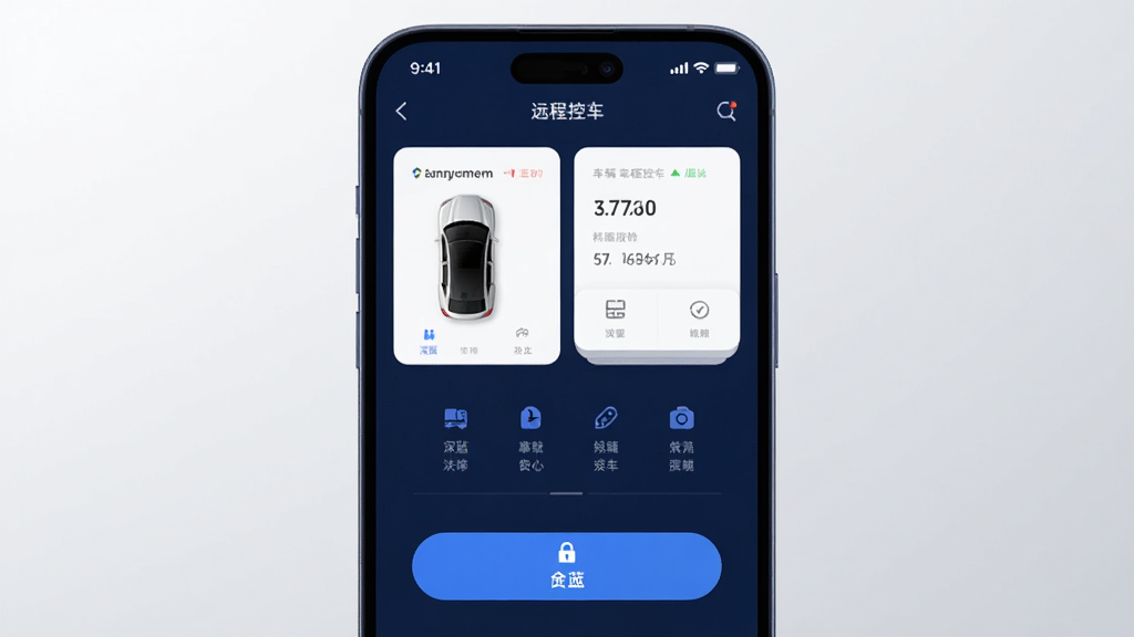 深蓝汽车APP官方界面展示,主体为一部智能手机屏幕显示深蓝汽车远程控车页面,页面中有车辆状态卡片与锁车按钮,布局居中对称,背景为浅灰渐变,风格简洁科技感,细节包含车辆俯视图与功能图标,画质清晰干净,无多余元素