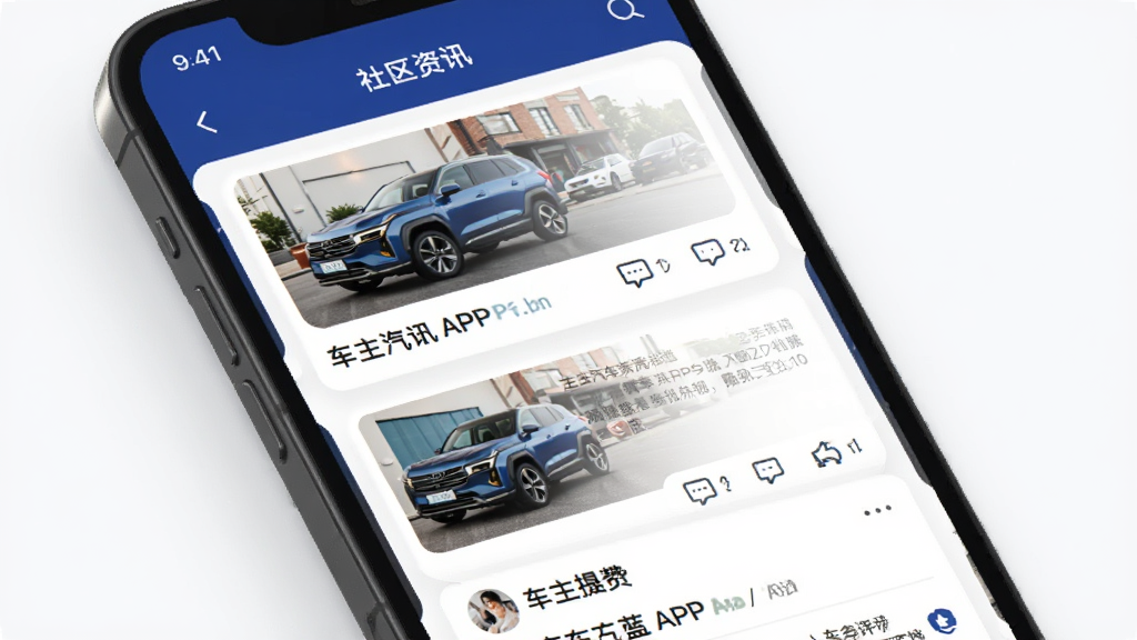 深蓝汽车APP社区资讯页面,主体为手机屏幕显示资讯列表与车主帖子,布局为信息流卡片,风格现代明亮,细节包含车型图片与评论互动图标,画质清晰干净,无多余元素