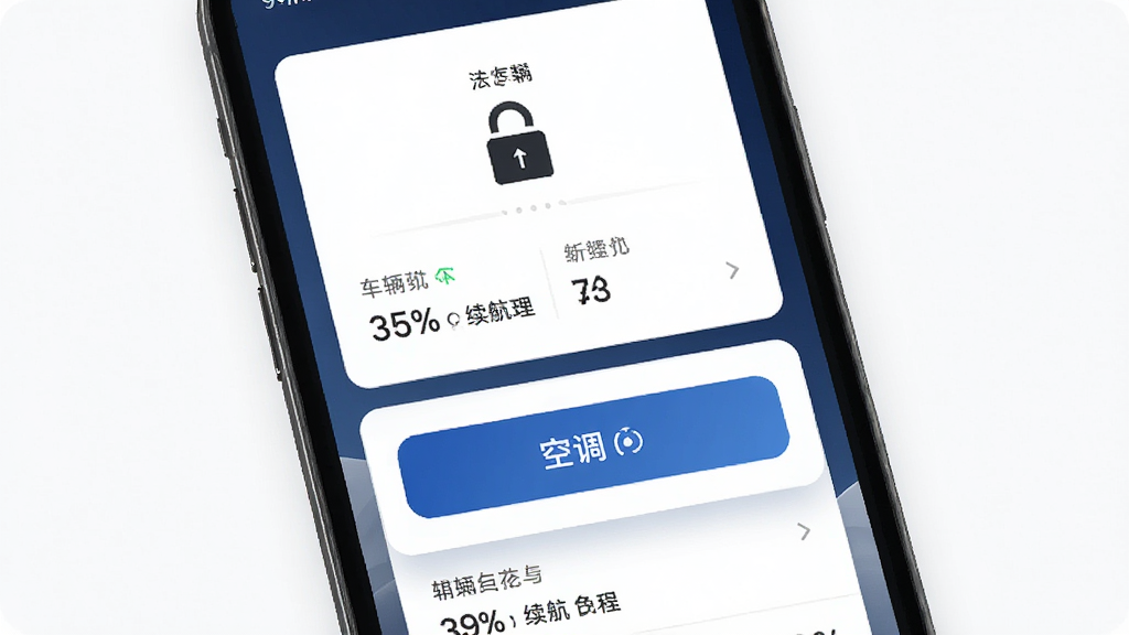 深蓝汽车APP远程控车功能界面,主体为手机屏幕展示车辆锁定状态与空调开启按钮,布局为纵向卡片式排列,风格清爽简约,细节包含车辆电量百分比与续航里程数字,画质高清干净,无多余元素