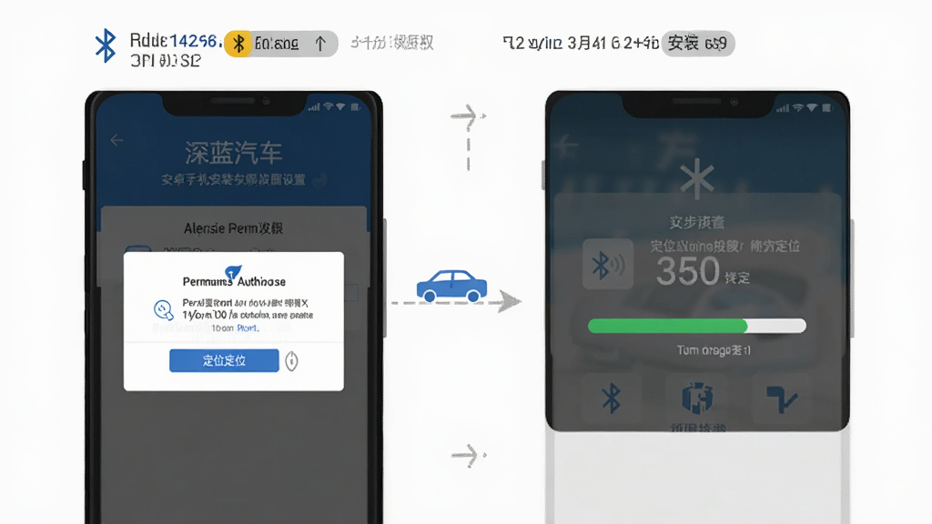 深蓝汽车APP安卓手机安装与权限设置示意图,主体为手机屏幕显示权限授权弹窗与安装进度条,布局为分步图示,风格扁平化教学风,细节包含蓝牙与定位权限图标,画质清晰干净,无多余元素