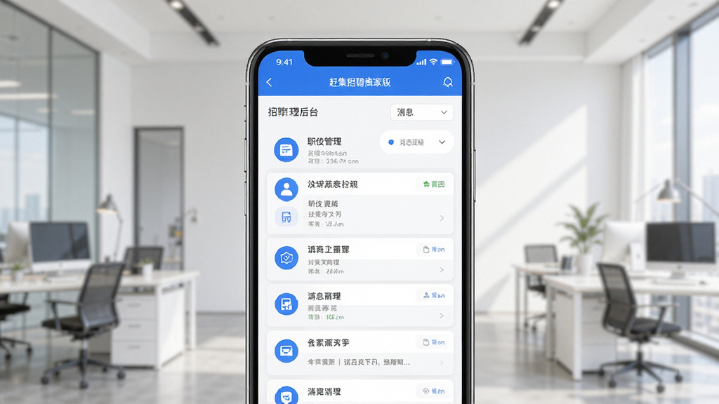 赶集招聘商家版应用主界面展示,画面中央为手机屏幕,屏幕内呈现招聘管理后台的职位列表与消息提醒布局,背景为简洁的商务办公环境,风格清新现代,细节包括蓝白色调图标与卡片式排版,画质清晰干净,无多余元素