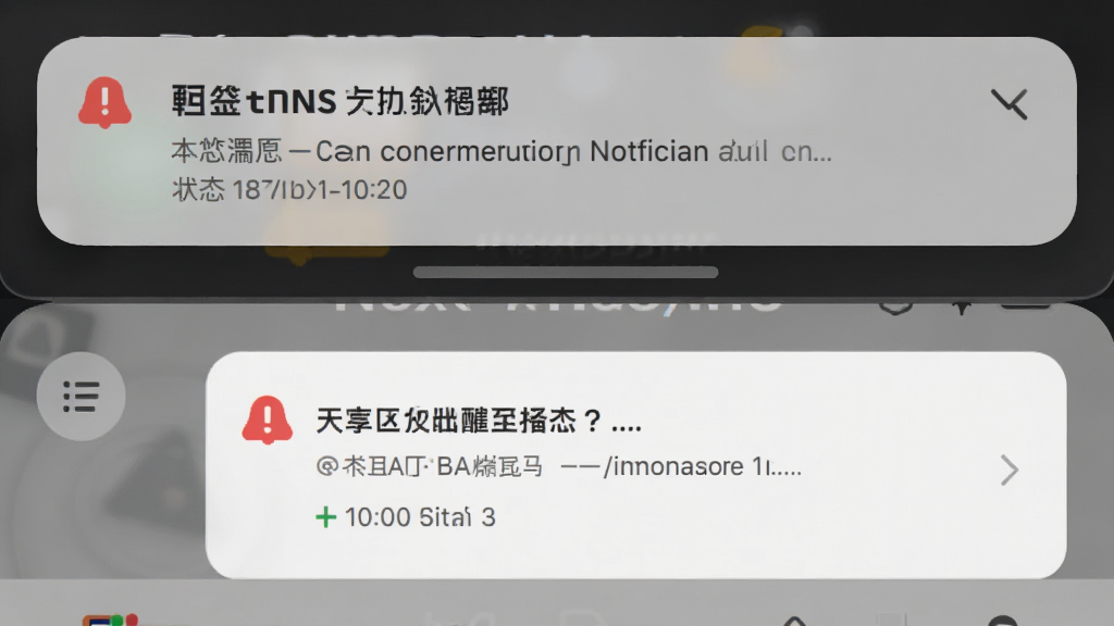 主体为 NextDNS Manager 的连接监测通知与状态提醒界面,画面中展示手机通知栏弹窗和应用内告警卡片;布局为上下分层,上方通知栏、下方应用界面;风格为写实手机界面合成图;细节包含红色提醒图标、简洁文案和状态时间戳;画质高清、干净、无多余元素