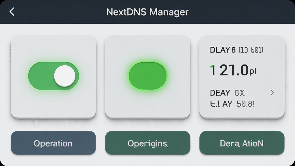 主体为 NextDNS Manager 应用的状态总览界面特写,画面中包含醒目的开关控件、绿色运行指示灯和延迟数据面板;布局为居中对称,上方标题栏、中部状态卡、下方操作按钮;风格为清爽科技感 UI 展示;细节包含细腻的阴影、圆角卡片和清晰的文字标签;画质高清、干净、无多余元素
