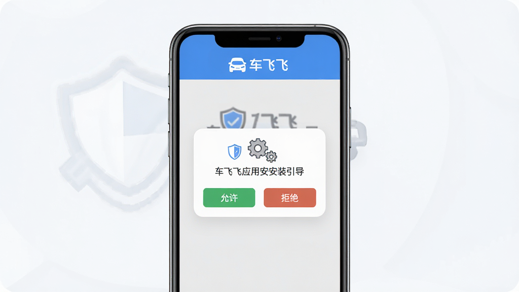 “车飞飞”应用安装引导页面示意,手机屏幕展示权限授权弹窗,背景为浅色界面,顶部有“车飞飞”标识,弹窗包含允许与拒绝按钮,风格简洁明了,细节包含盾牌与齿轮图标,画质清晰,干净,无多余元素
