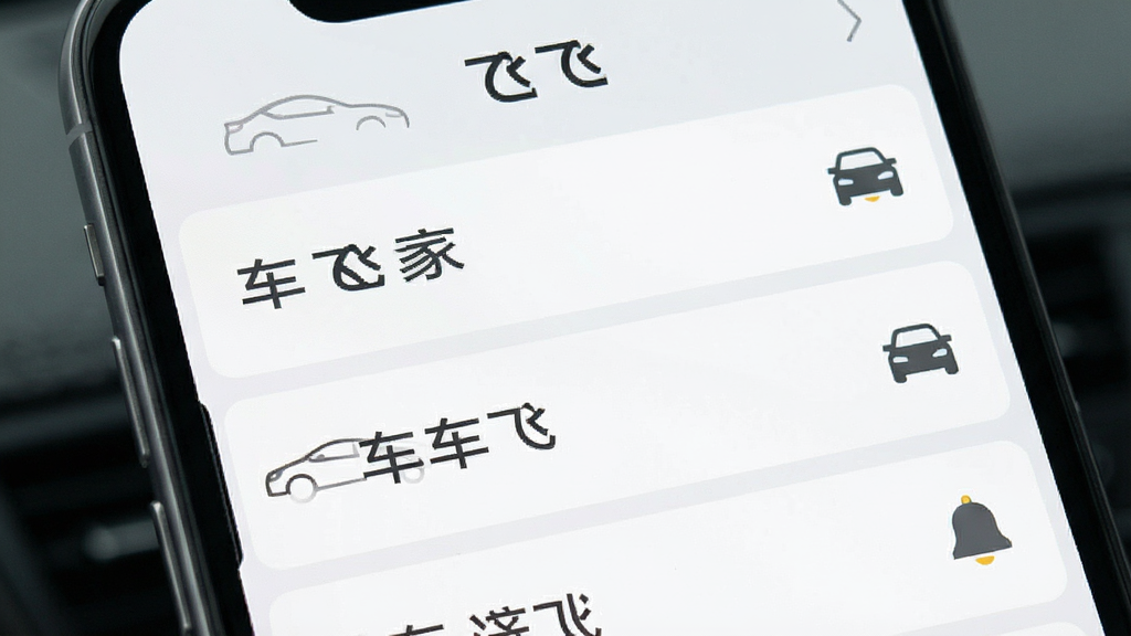 “车飞飞”应用消息提醒界面,手机屏幕展示通知列表,顶部写有“车飞飞”字样,列表项为简洁文字提醒,右侧带有小图标,界面风格清新浅色,背景为淡灰白,细节包含车辆轮廓与铃铛图标,画质清晰,干净,无多余元素