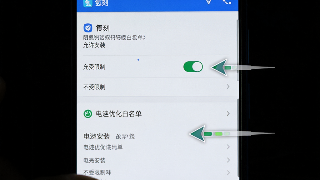 一部安卓手机屏幕特写,屏幕上显示氢刻应用的权限设置页面和电池优化白名单界面,旁边有箭头标注操作路径,画面采用深色背景突出手机屏幕亮度,布局简洁直观,细节包括