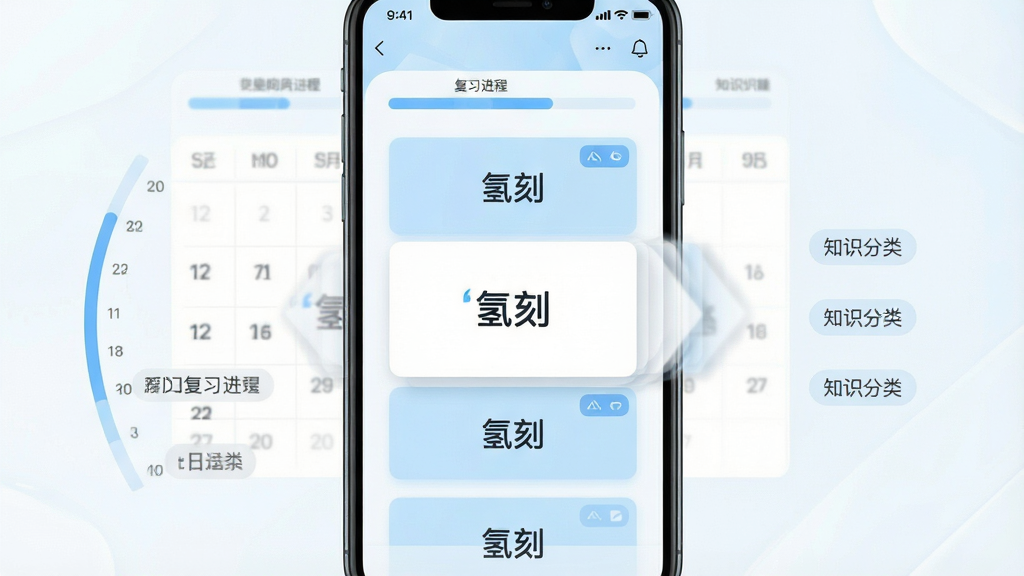 一张展示氢刻应用主界面的手机屏幕模拟图,画面中央是简洁的记忆卡片列表,卡片上写有