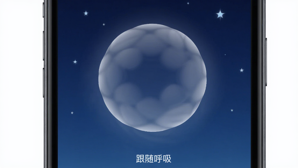 手机屏幕显示“话心”应用的呼吸练习界面,一个半透明的圆形光球正在缓慢放大缩小,背景为深蓝色渐变夜空,点缀几颗小星星,画面下方有“跟随呼吸”的白色小字,整体风格安静舒缓,画质细腻干净,无多余图标