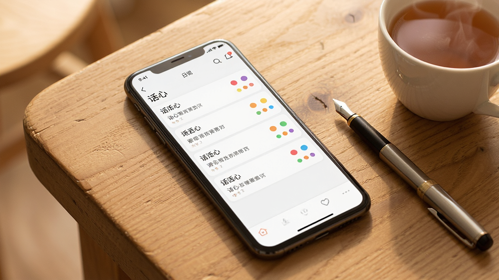 一部手机平放在木质桌面上,屏幕显示“话心”应用的日记列表页面,每条记录旁边有不同颜色的小圆点代表情绪等级,画面右侧有一支笔和一杯热茶,光线柔和温暖,风格为写实静物摄影,细节丰富,画质干净,无杂乱物品
