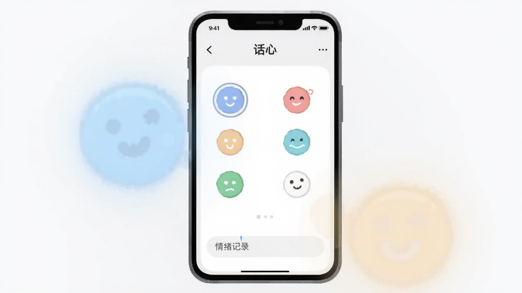 画面中央是一部竖屏智能手机,屏幕显示简洁的浅色情绪记录界面,顶部有“话心”字样,界面中有几个圆形心情图标和一行文字输入框,手机周围散落着淡蓝色和米色的柔和光晕,背景为干净的浅灰白色,整体采用扁平化插画风格,细节清晰,画质干净明亮,无多余装饰元素