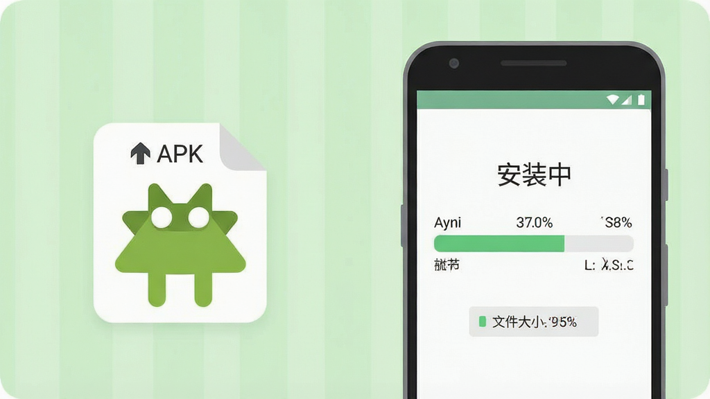 一幅表现Ayni软件轻量化安装过程的示意图,画面左侧是一个小巧的APK安装包图标,右侧是一部正在显示安装进度条的安卓手机,手机屏幕上有“安装中”字样的进度提示,背景为柔和的浅绿色调,风格为简洁的扁平化信息图,细节包括进度条百分比、文件大小标注框、手机边框圆角处理,画质干净清晰,无杂乱元素