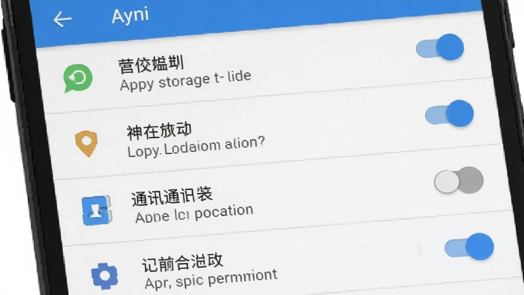 一幅展示安卓手机安装Ayni应用时权限设置界面的示意图,画面为手机屏幕特写,屏幕上显示应用权限管理列表,包含存储、位置、通讯录等权限开关,其中存储权限处于开启状态,其余为关闭状态,界面风格为原生安卓设置页面,配色为白色背景配蓝色开关,细节包括权限图标、文字说明、返回箭头,画质清晰,画面简洁无多余元素