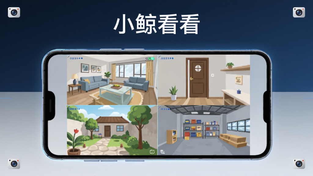 画面主体为一台安卓手机居中放置,手机屏幕内显示四宫格监控画面,画面中有客厅、门口、庭院、仓库四个场景,手机上方悬浮