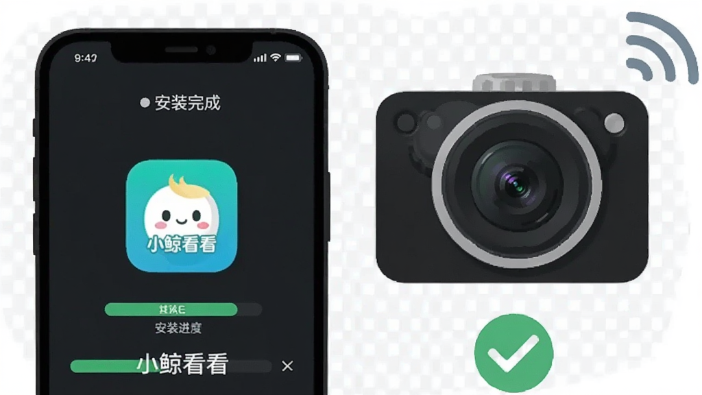 画面主体为一部手机与一台摄像头并排摆放,手机屏幕上显示安装进度条与
