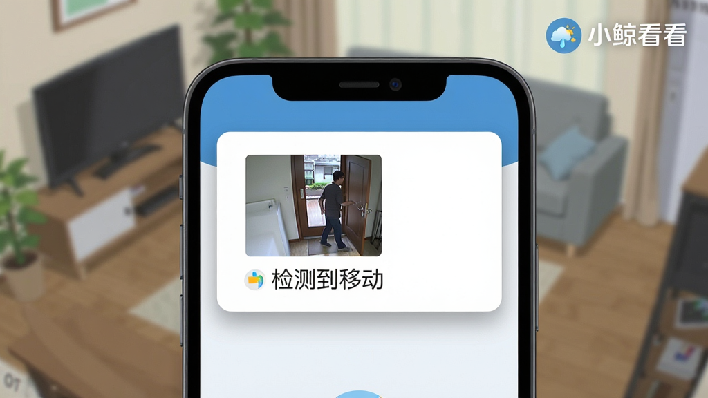 画面主体为一部手机屏幕特写,屏幕上弹出一条告警通知卡片,卡片内包含一张门口有人经过的抓拍小图与