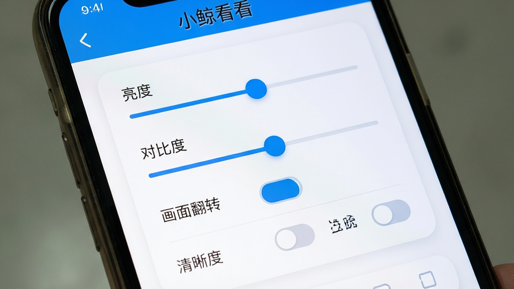 画面主体为手机屏幕内显示一个监控画面设置面板,面板上有亮度滑块、对比度滑块、画面翻转开关与清晰度选项,布局为面板占据屏幕中央、滑块横向排列,风格为清新浅色UI风格,细节包括面板背景为白色圆角卡片、滑块为蓝色圆点、屏幕顶部有