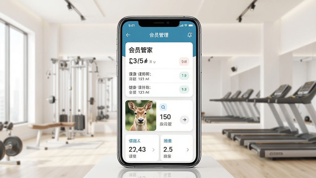 超鹿管家软件主界面展示,画面中央是手机屏幕,屏幕内呈现健身课程排期与会员管理卡片布局,背景为浅色健身房场景,风格简洁现代,细节清晰,画质干净,无多余元素