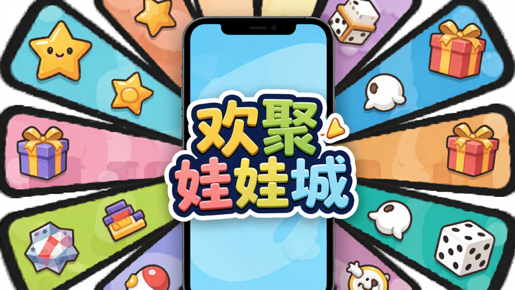 画面主体为多个卡通风格的游戏图标环绕手机屏幕,布局采用放射状排列,中心位置放置“欢聚娃娃城”标志,排版活泼有层次,风格为明快扁平插画风,细节上每个图标都带有不同的趣味元素如星星、礼物盒、骰子等,画质清晰,干净整洁,无多余元素