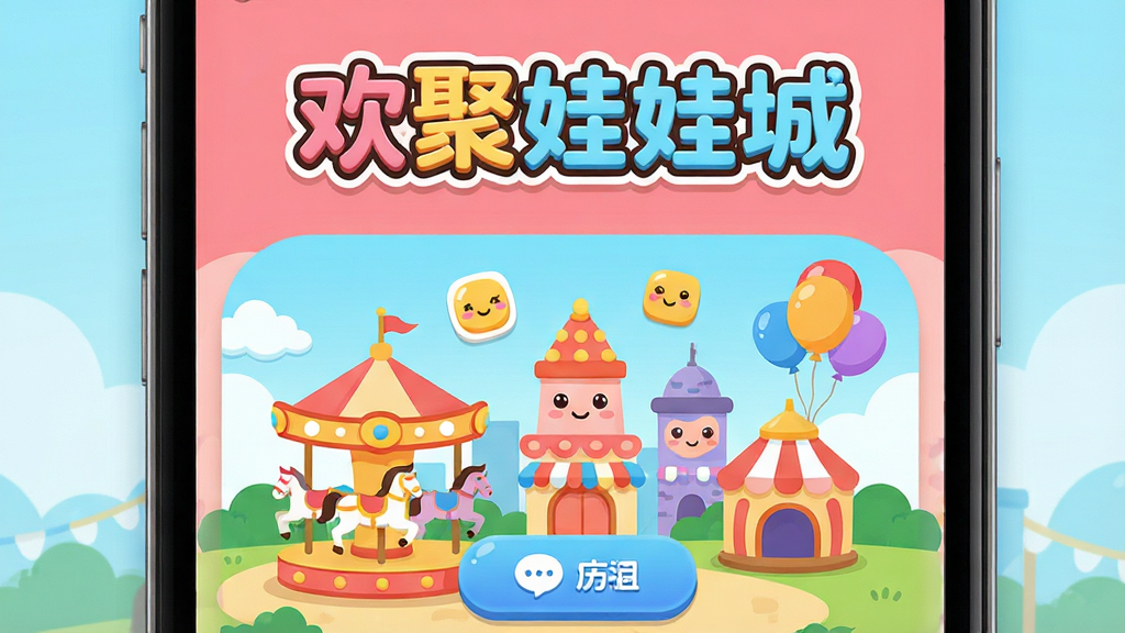 画面主体为一个色彩明快的手机应用界面展示图,布局采用居中构图,上方是软件名称“欢聚娃娃城”的艺术字,下方是卡通风格的娃娃城场景插画,包含旋转木马、气球和笑脸元素,排版简洁大方,风格为扁平化卡通插画风,细节上突出界面图标和按钮的圆润质感,画质清晰明亮,干净整洁,无多余元素