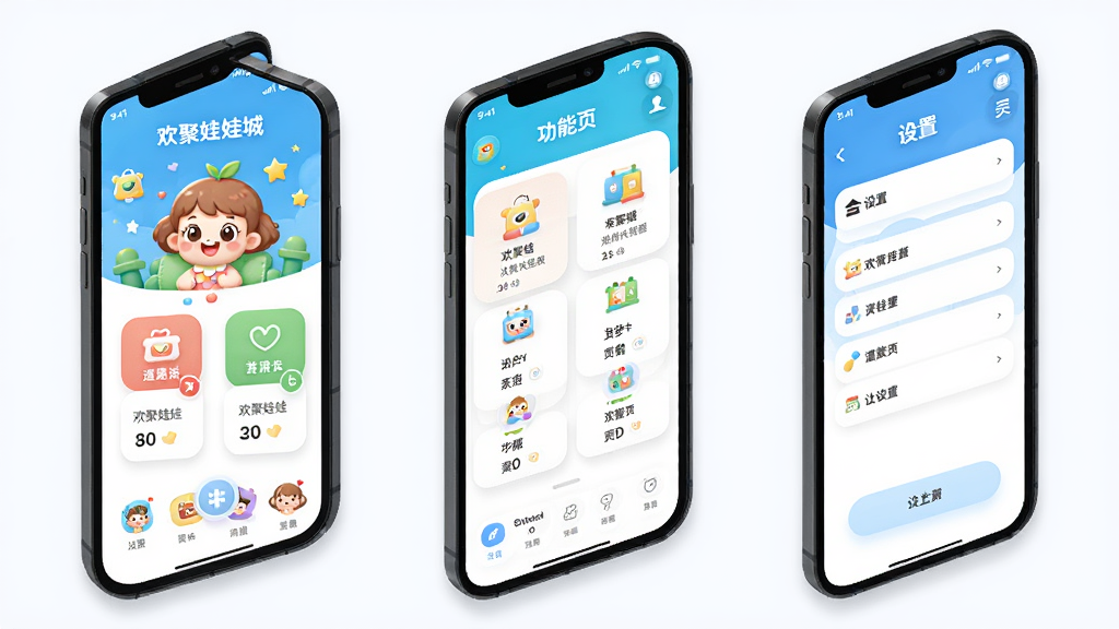 画面主体为手机界面布局示意图,展示“欢聚娃娃城”的主页、功能页和设置页三个屏幕并排,布局采用等距排列,排版清晰有序,风格为现代UI设计展示风,细节上突出圆角卡片、柔和阴影和明快配色,画质干净锐利,无多余元素
