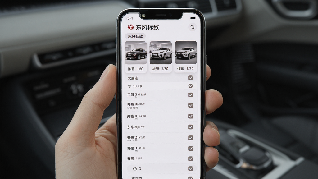 东风标致应用内车型参数对比页面,主体为手机屏幕中的汽车配置表格与车型缩略图,布局为上方车型卡片下方参数列表,风格清爽浅色,细节包含“东风标致”字样与配置勾选图标,画质清晰干净,无多余元素