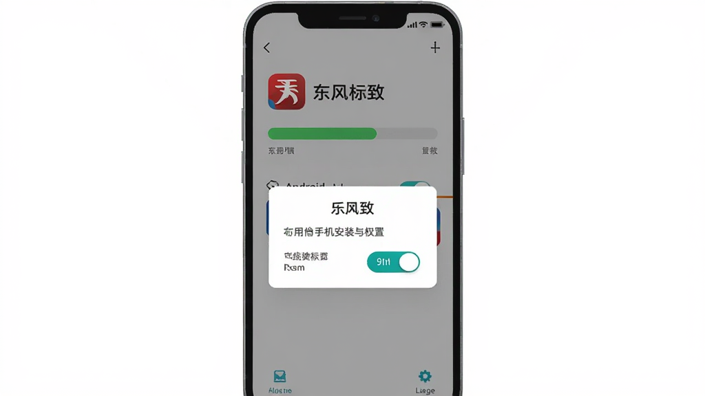 东风标致应用安卓手机安装与权限设置示意图,主体为手机屏幕显示安装进度条与权限弹窗,布局为居中手机正视图,风格扁平化科技感,细节包含“东风标致”应用图标与权限开关按钮,画质清晰干净,无多余元素
