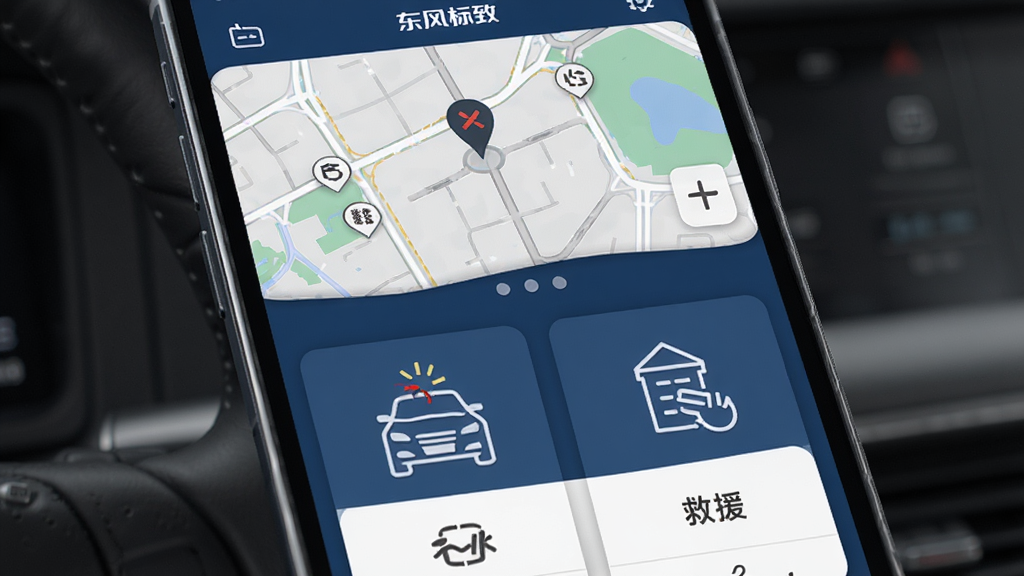 东风标致应用道路救援功能界面,主体为手机屏幕显示地图定位与救援按钮,布局为上方地图下方功能卡片,风格沉稳商务蓝色调,细节包含汽车故障图标与“东风标致”标识,画质清晰干净,无多余元素