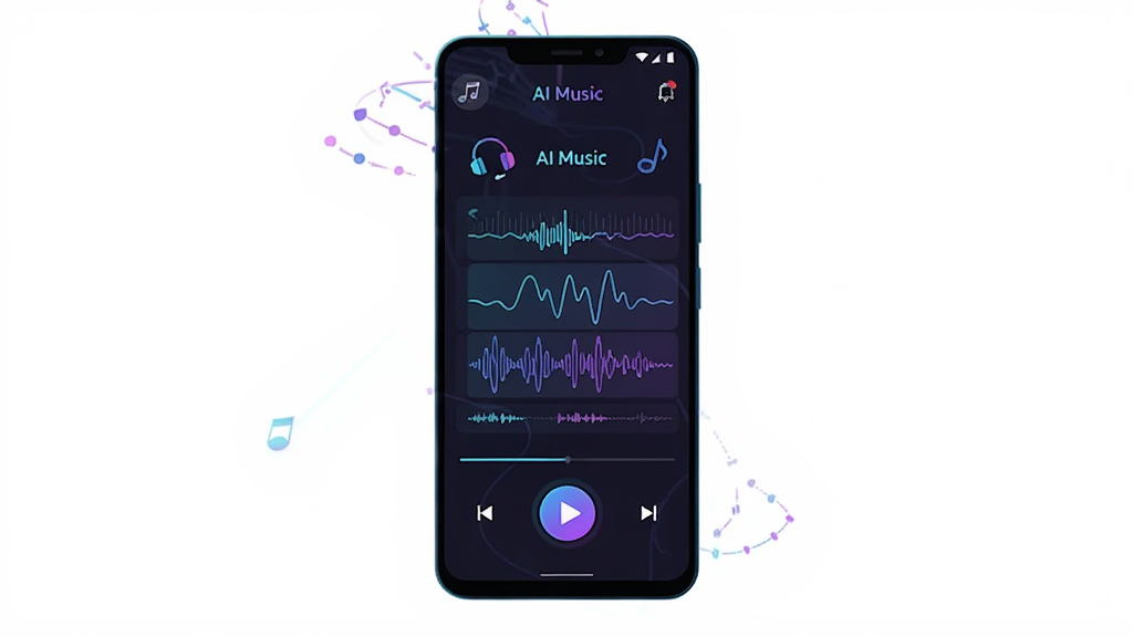 主体是一台竖屏安卓手机,屏幕中央显示 AI Music 应用界面,界面上有波形轨道与播放按钮,布局为手机居中、四周留白,排版简洁,风格为现代科技感扁平插画,细节包括耳机、音符图标、深色背景配霓虹蓝紫光效,画质清晰干净,无多余元素