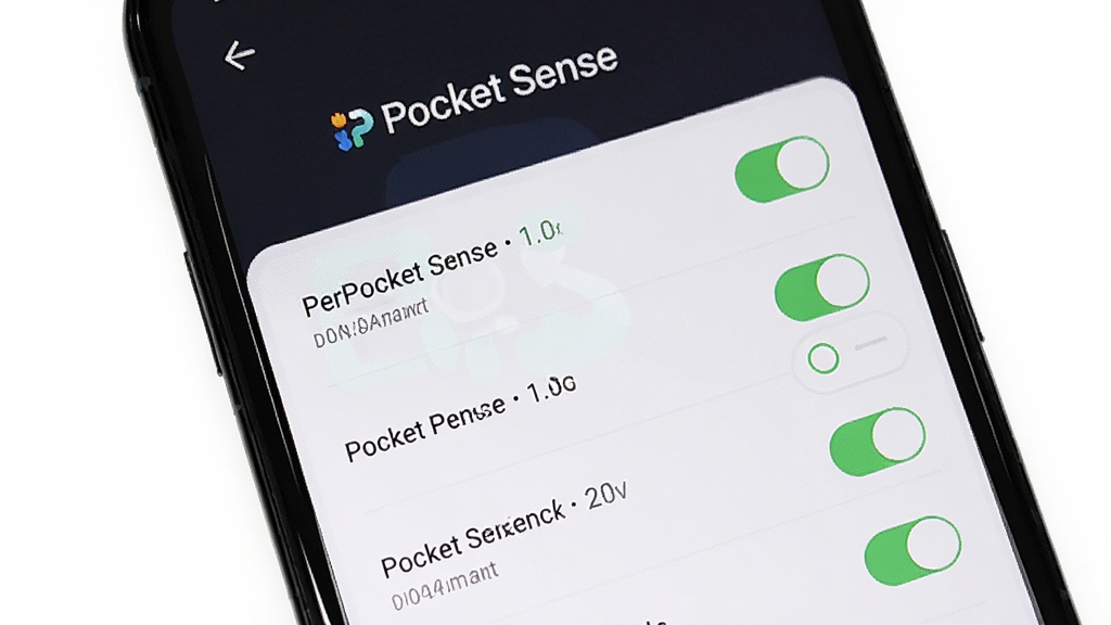 ����Ϊ�ֻ���ĻչʾPocket SenseȨ����������ҳ�棬����ΪȨ���б��������У��Ű������ֲ�չʾ�����Ϊ�������UI���棬ϸ�ڰ���Ȩ�޿�����״̬ͼ�꣬���ʸɾ��������޶���Ԫ�أ�ͼƬ�д����֡�Pocket Sense��