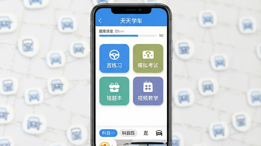 һ���ֻ�Ӧ�ý���չʾͼ��������һ�����������ֻ�����Ļ������ʾ������ѧ����APP��ҳ��ҳ�涥��Ϊ��ɫ���������м�����˳����ϰ��ģ�⿼�ԡ����Ȿ����Ƶ��ѧ�ĸ�Բ�ǹ��ܿ�Ƭ���ײ�Ϊ��Ŀһ����Ŀ���л���ǩ�����־��жԳƣ������ˬ��Լ��ϸ�ڰ�������������ݿ�ͼ��Ԫ�أ����������ɾ����޶���װ��Ԫ��